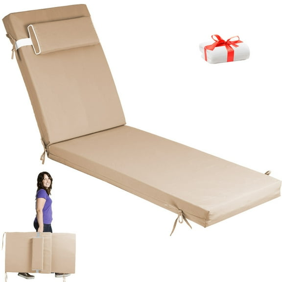 72×21×3in Outdoor Chaise Lounge Cushions, Replacement Patio Chair Cushion With Headres, Waterproof Sun Lounger Cushions(1pc Beige)