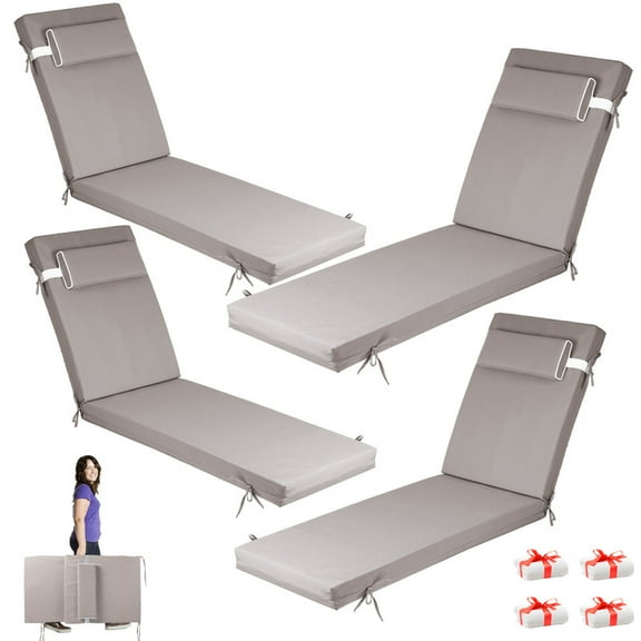 72×21×3in Outdoor Chaise Lounge Cushions, Replacement Patio Chair Cushion With Headres, Waterproof Sun Lounger Cushions(4pcs Khaki)