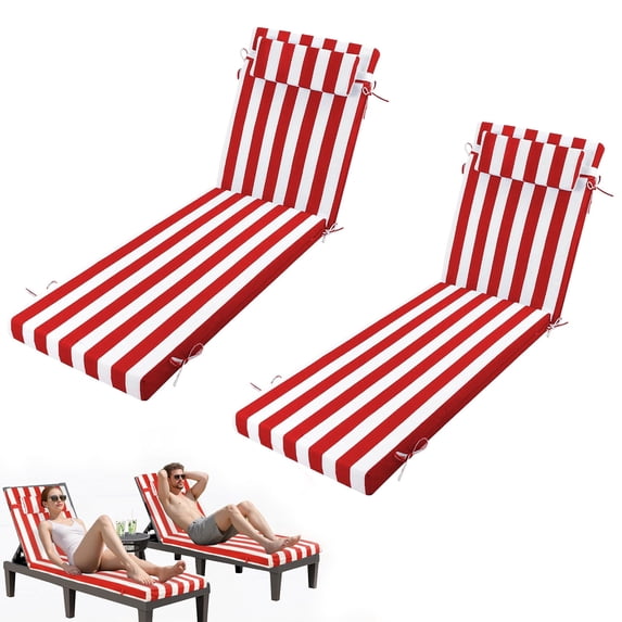 72" ×21" Outdoor Chaise Lounge Cushion, 3" Thick High-Density Foam Fill, with Removable Headrest, Waterproof Fade Resistant, Replacement Cushion for Lawn Pool (Red White Stripes 2PCS)