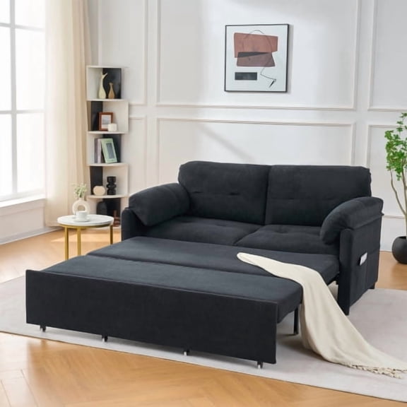 58" 3-In-1 Sleeper Loveseat Couch, Pull-Out Couch Bed with Steel Frame, Convertible Loveseat Sofa Bed with High-Resilience Sponge for Living Rooms, Studios, Black
