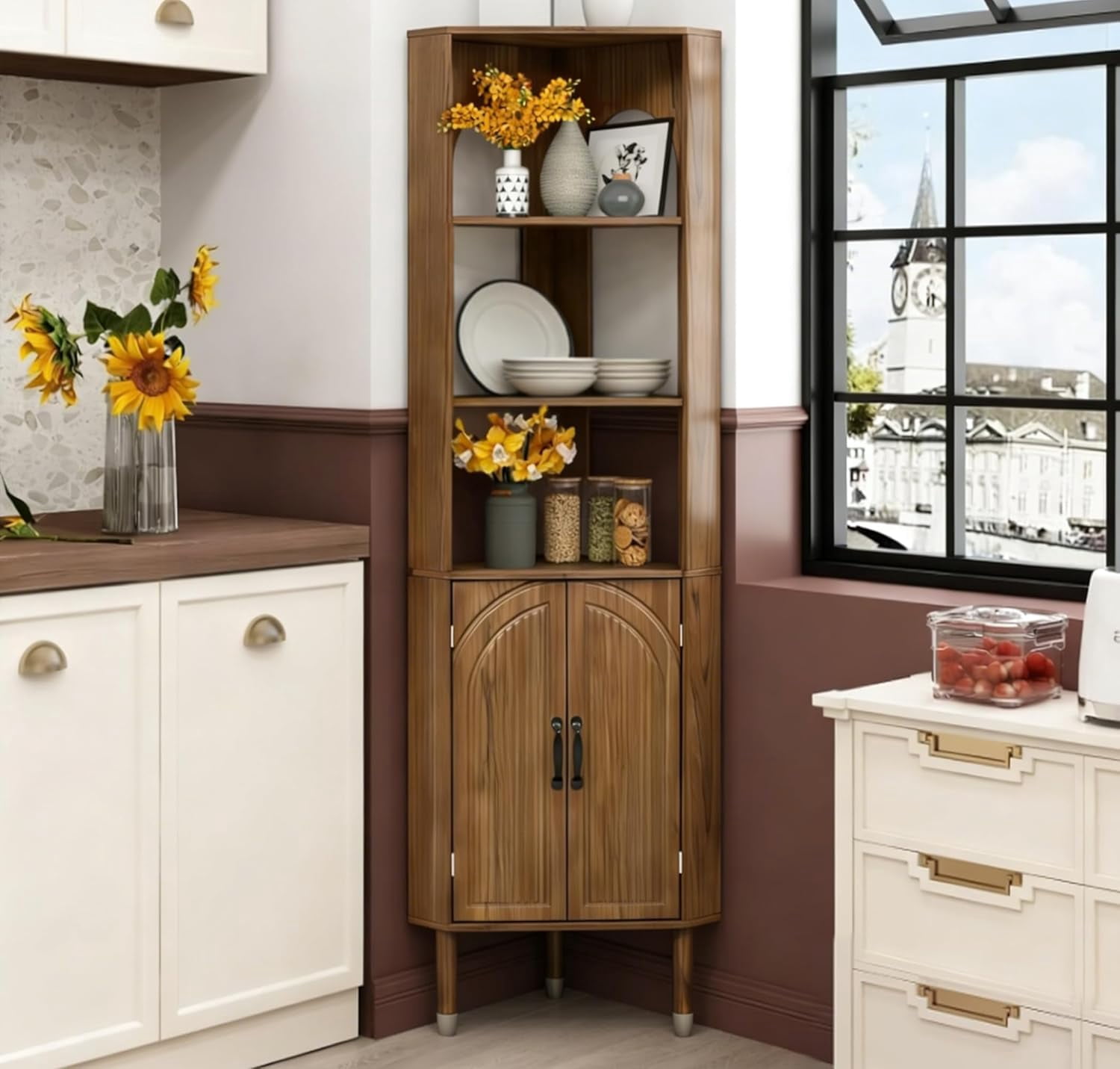 72.3'' Tall Corner Cabinet with Doors & Shelves for Living Room, Bathroom, Kitchen, Walnut