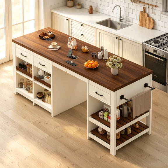 72" 3-Tier Farmhouse Kitchen Island bar, Kitchen Prep Table with Storage, Stationary Counter Height Bar Table,with Mini Fridge Space