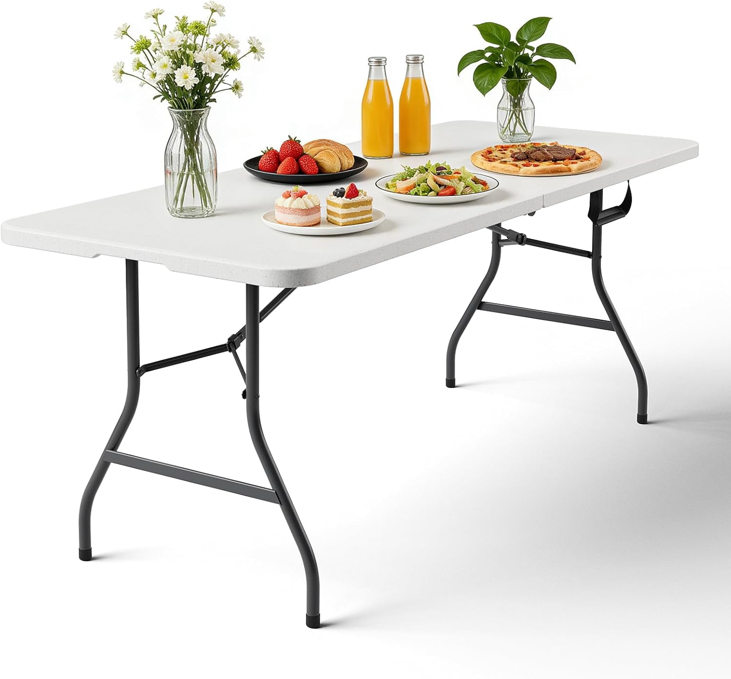 72×30 Inch Foldable Plastic Table with Handle, Fold-in-Half Portable Utility Table for Indoor & Outdoor Use, White