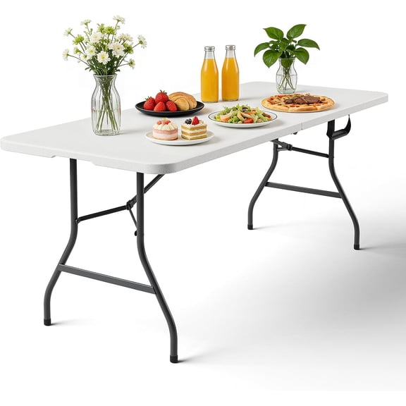 7230 Inch Foldable Plastic Table with Handle, Fold-in-Half Portable Utility Table for Indoor & Outdoor Use, White