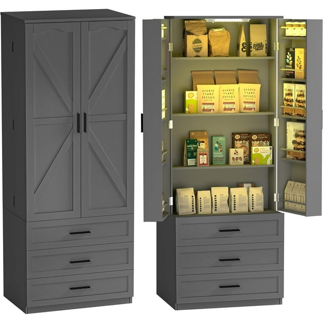 72" LED Kitchen Pantry with 3 Drawers Farmhouse Tall Storage
