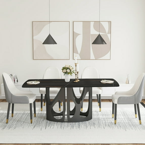 72.38" Rectangular Dining Table With Black Sintered Stone Panel And Iron Base For 6-8 People Modern Table, & Heavy-duty Metal, Accommodates