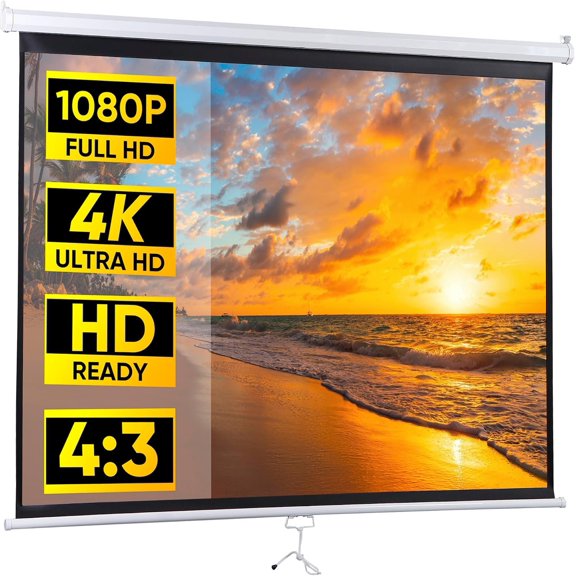 72" 4:3 Manual Projector Screen 1.1 Format with Auto Lock Anti-Crease Theater Office Wall Mounted Ceiling Pull Down Projection 1.1 Matte White, View Size: 57 x 43 inches