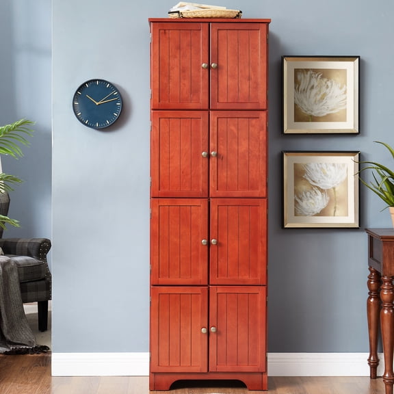 72.4" Cabinet With 8 Doors And 4 Shelves. Cherry. For Kitchen, Office. Smooth, , Elegant Hinge Design Freestanding Storage Cabinet, Doors, Home. Vintage Look