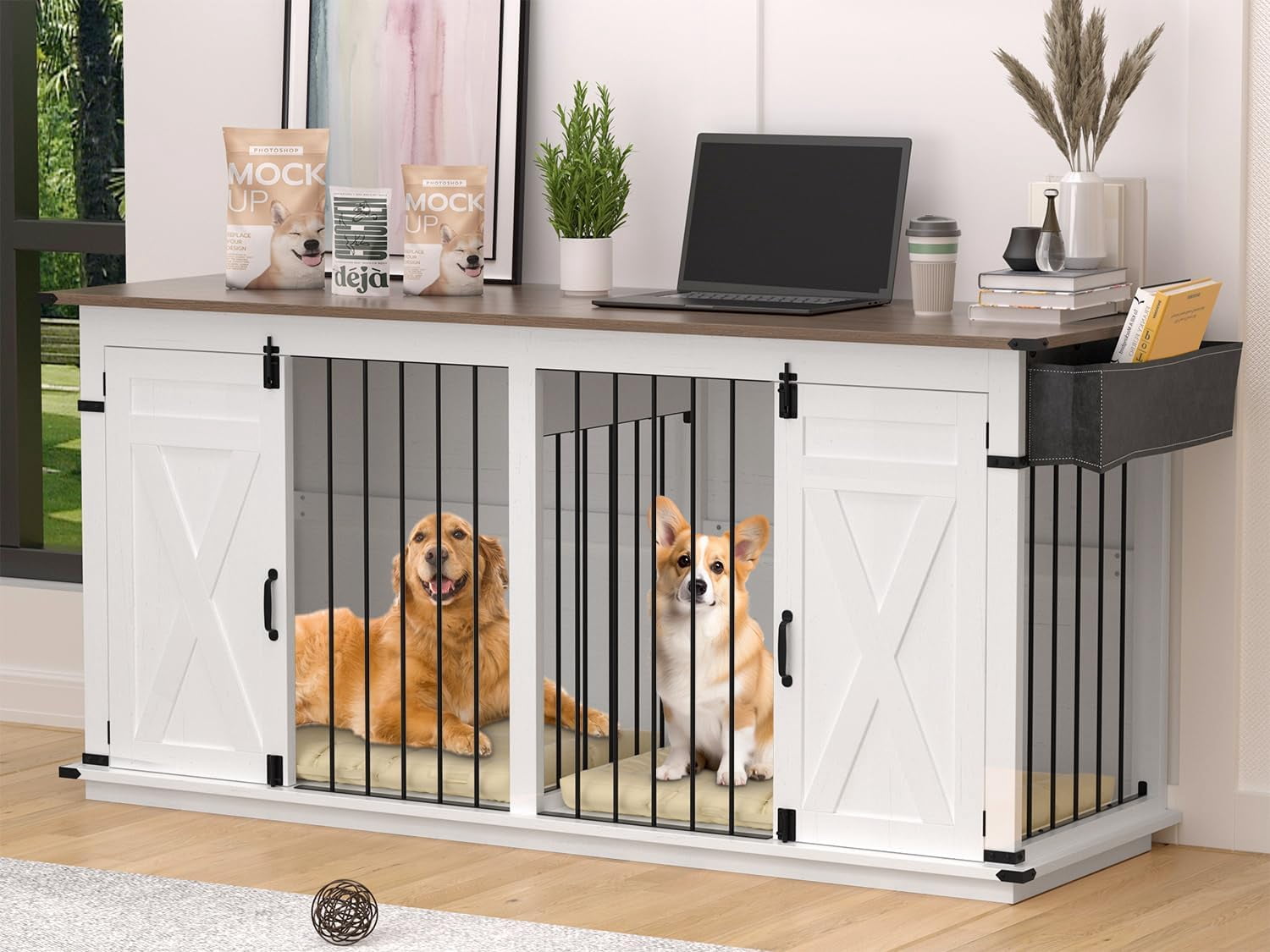 72.4" Double Dog Crate Furniture, Heavy Duty Wooden Kennel with Divider, XL Dog Cage TV Stand for Medium Large Dogs Indoor (No Drawers)