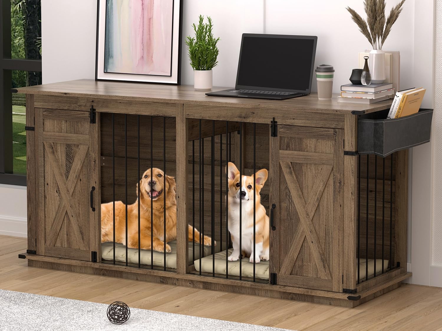 72.4" Double Dog Crate Furniture, Heavy Duty Wooden Kennel with Divider, XL Dog Cage TV Stand for Medium Large Dogs Indoor (No Drawers)
