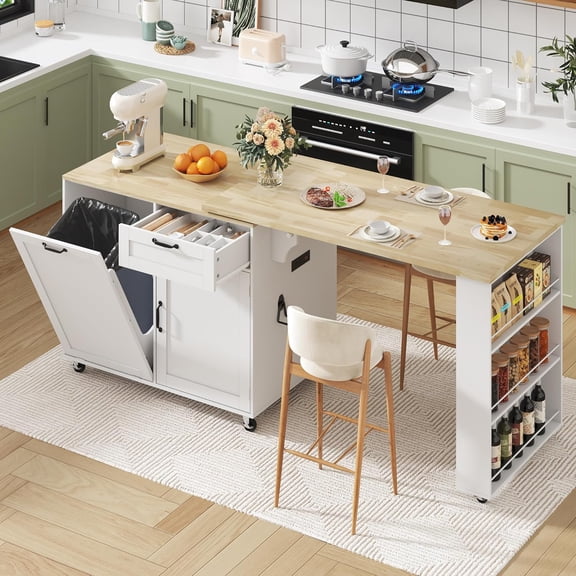 72.4-Inch Rolling Kitchen Island with 360 Swivel Table, Built-in Charging Station, 3-Tier Spice Rack, and Trash Cabinet