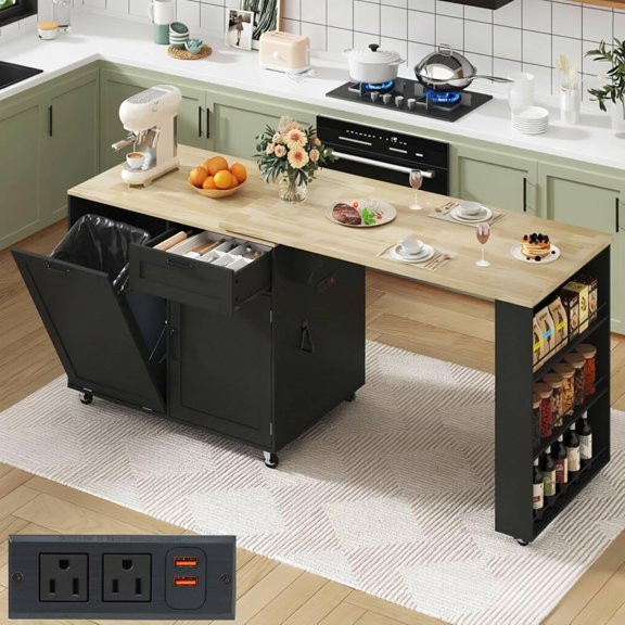 72.4” Kitchen Island with Trash Can Cabinet and Power Outlets, Rolling Kitchen Island Cart with 360°Swivel Extendable Dining Table, 6Tier Spice Rack,Mobile Wooden Island Table for Kitchen,Dining Room