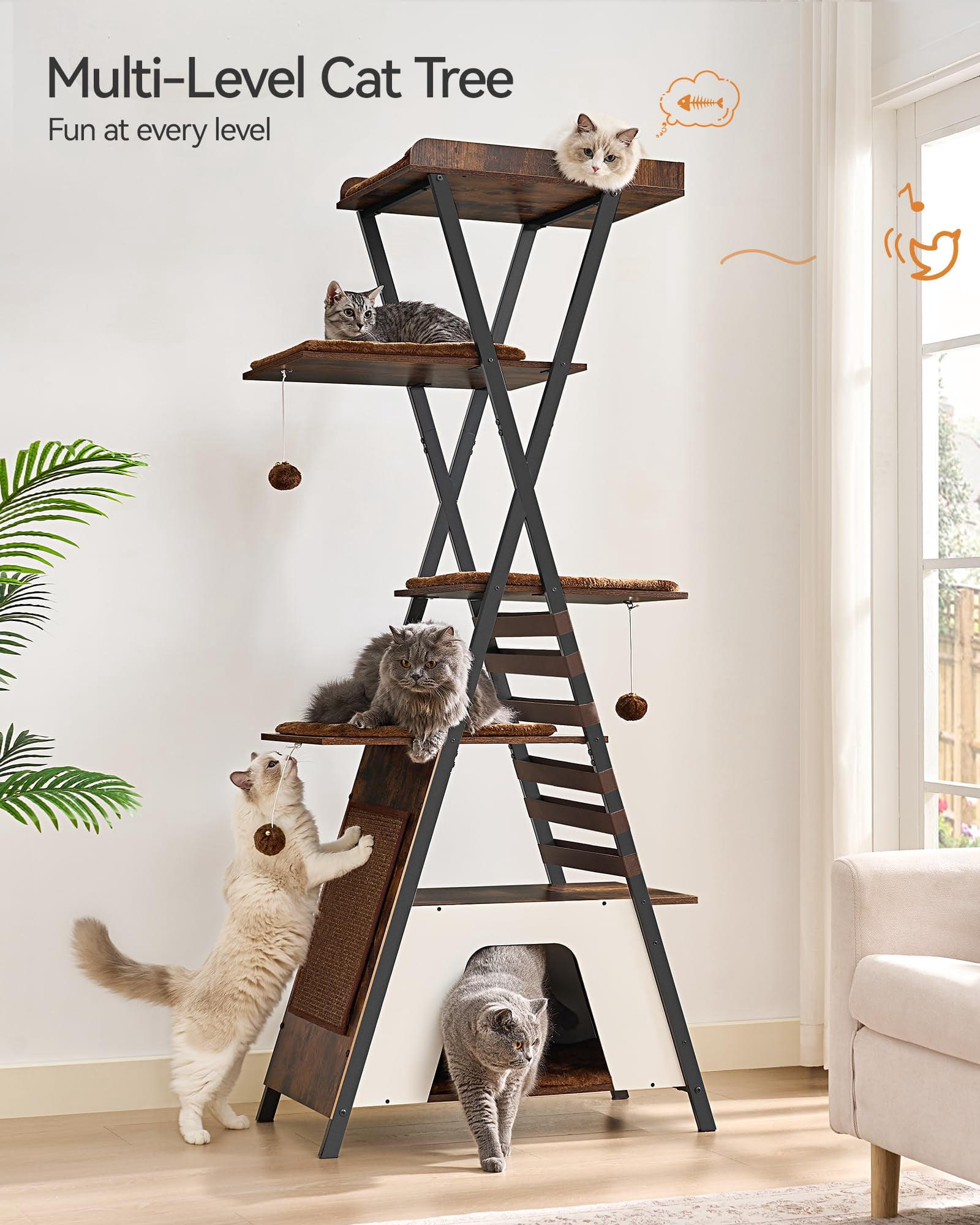 72.4" Modern Cat Tower For Indoor Cats - Multi-level Condo With Caves  Tall Tree Board Wooden Large Perch Removable Pads Rustic Brown