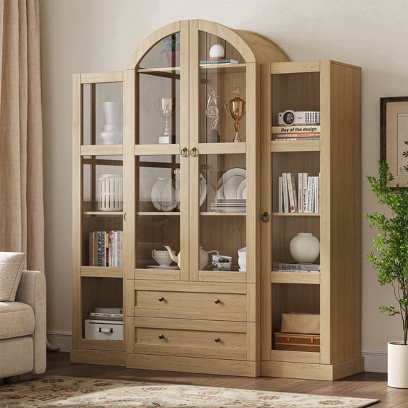 NVCODSA 72.4" Arched Wood Storage Cabinet with Glass Doors & Adjustable Shelves Elegant Display Cabinet