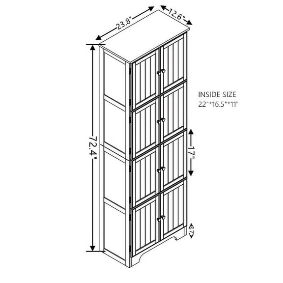 72.4" Tall Storage Cabinet Tall Storage Cabinet with 8 Doors and 4 Shelves ,Bookshelf Living Room, Kitchen, Dining Room, Office Freestanding Storage Cabinet, BLK