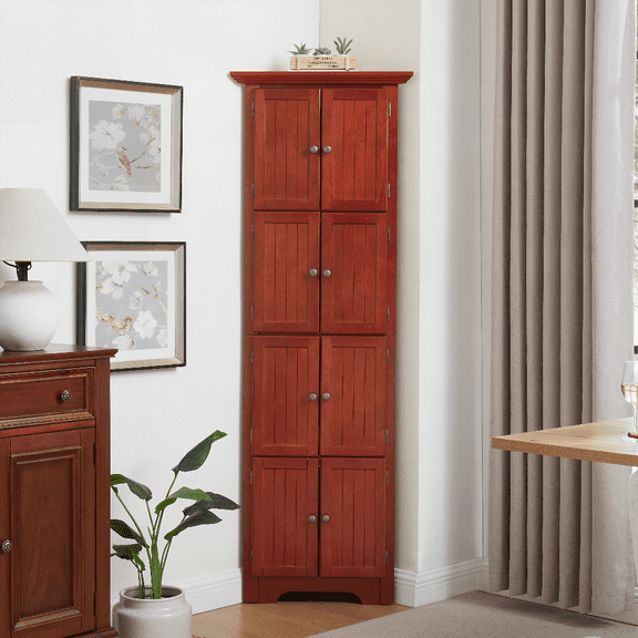 72 4-Tier Corner Kitchen Pantry Storage Cabinet with 8 Doors - Cherry Finish for Kitchen, Bathroom, Living Room
