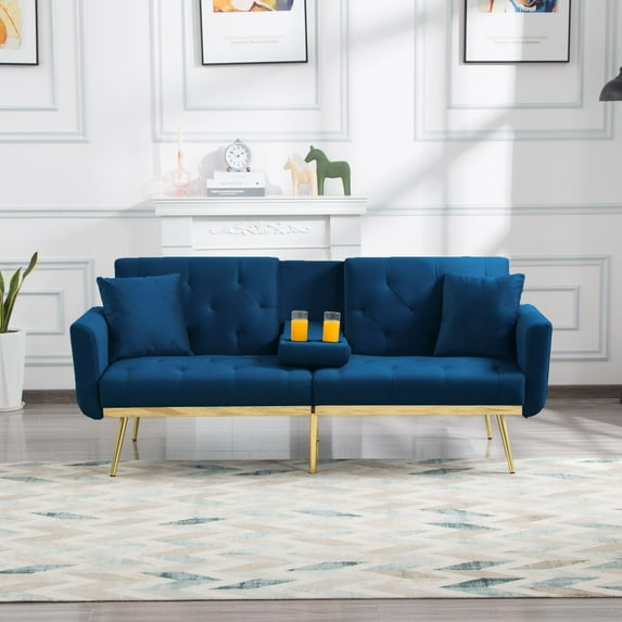 72.4" Velvet Futon Sofa Bed, Upholstered Couch Sofa Bed, Folding Futon Sofa with Removable Armrests and 2 Cup Holders and 2 Pillows for Living Room, Blue