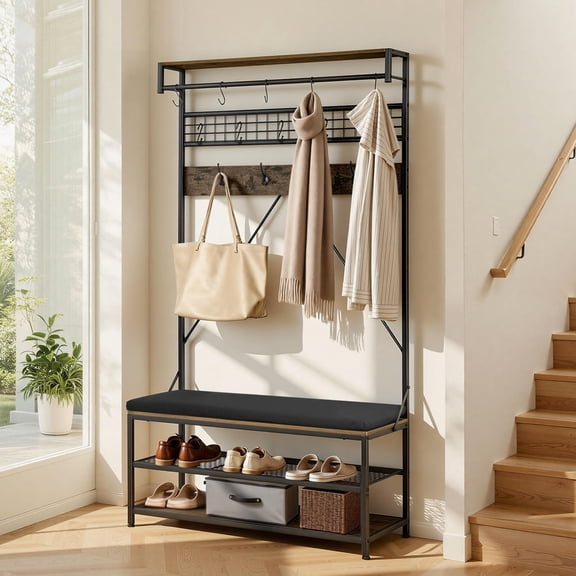 72" * 40" Industrial Hall Tree With Bench, Shoe Storage & 7 Hooks, 72 x 40