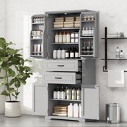 72.5 Tall Bathroom Storage Cabinet, Wooden Floor Cabinets with 4 Doors, 2 Drawers with Slide Rails, Adjustable Shelf, Freestanding Cupboard for Kitchen, Dining Room, Living Room, Gray
