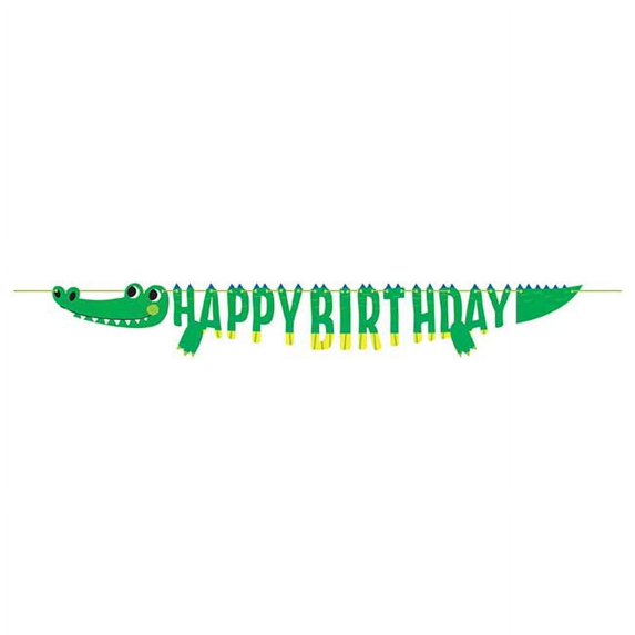 72.5 x 7.25 in. Alligator Shaped Birthday Party Happy Birthday Banner with Ribbon, Green & Yellow
