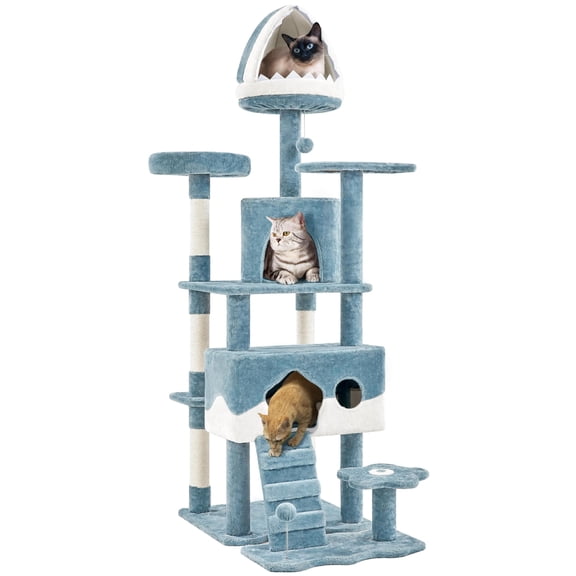 72.5in Large Ocean Themed Cat Tree: shark mouth igloo bed, 2 spacious condos, 2 wide perches, fish toy, interactive toys, stable for multi cats. Blue white.