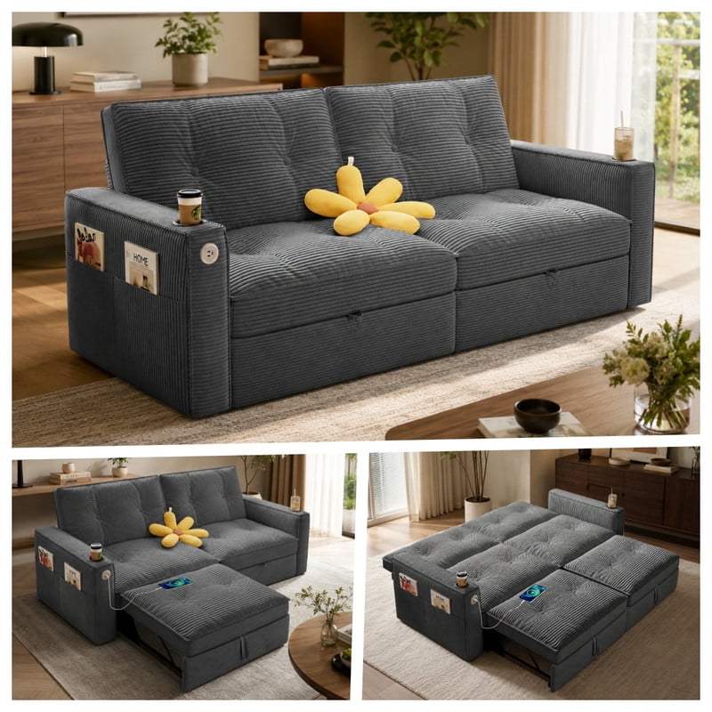 72.6" Convertible Sofa Bed, 2-in-1 Sleeper Sofa with USB Charging Ports & Side Pockets, Modern Corduroy Upholstered Sofa Couch with Steel Frame for Living Room, Bedroom, Apartment