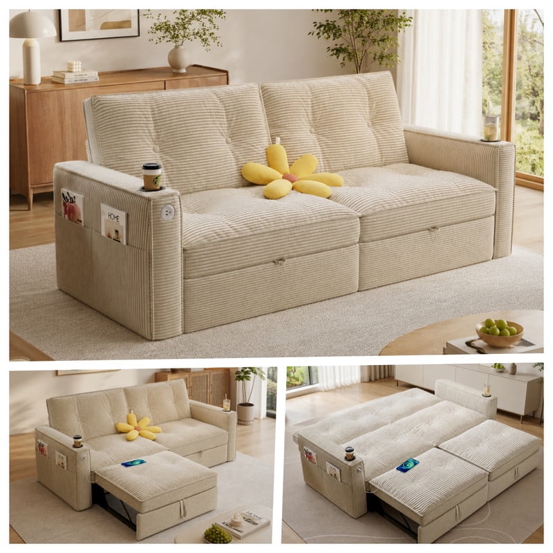 72.6" Convertible Sofa Bed, 2-in-1 Sleeper Sofa with USB Charging Ports & Side Pockets, Modern Corduroy Upholstered Sofa Couch with Steel Frame for Living Room, Bedroom, Apartment