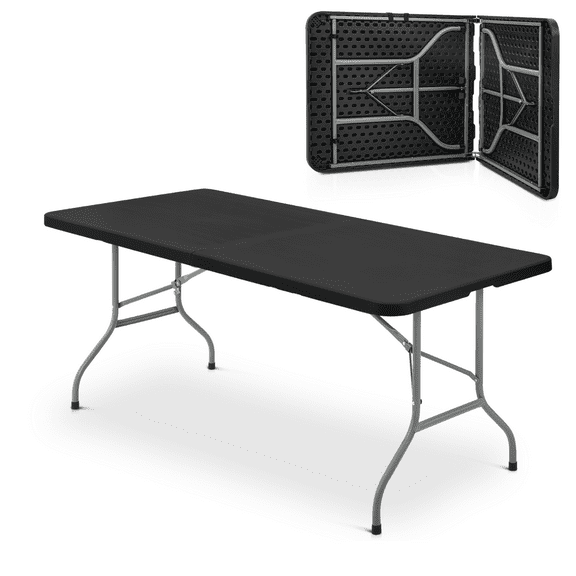 72" (6 Foot)  Plastic Foldable Table, Indoor Outdoor Portable Picnic Desk with Handle and Lock for Camping, Black Top/Grey Leg