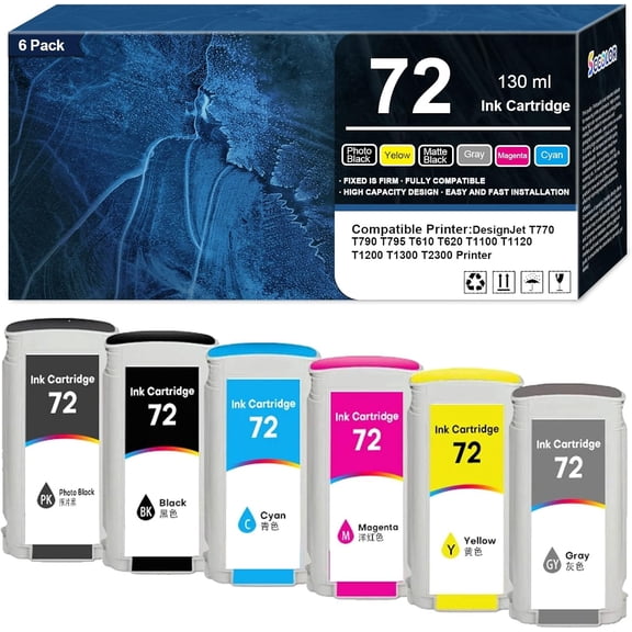 72 72XL Ink Cartridgs 6-Pack 130ML Replacement for HP 72 C9403A C9370A C9371A C9372A C9373A C9374A Ink Cartridges Compatible for HP DesignJet T770 T790 T795 T610 T620 T1100 T1120 T1200 T1300 T2300