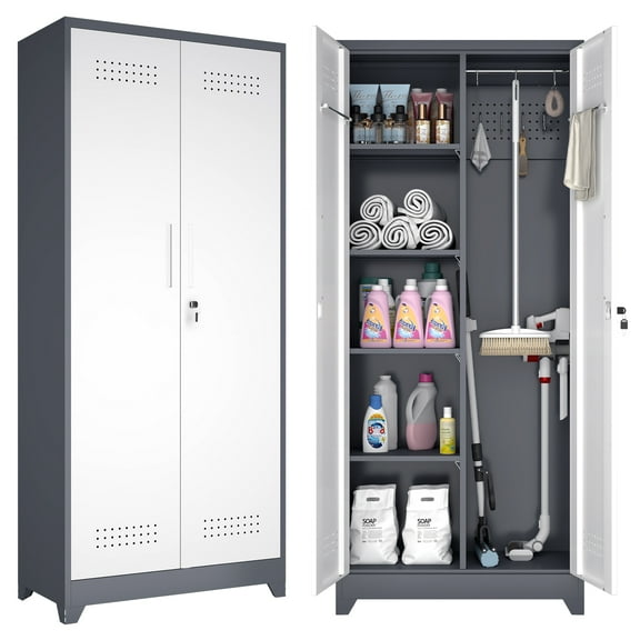 72.8''H Broom Closet Cabinet, Locking Storage Cabinet,Garage Storage Cabinet with Doors and Shelves,Tall Broom Tool Organizer,Cleaning Tool Cabinet with Hooks for Utility Room