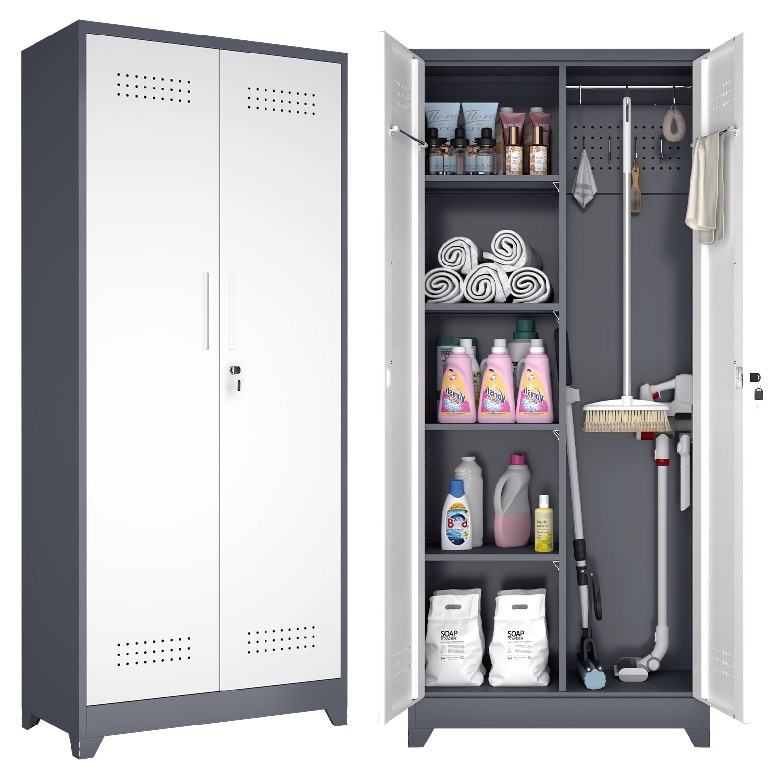 72.8''H Broom Closet Cabinet, Locking Storage Cabinet,Garage