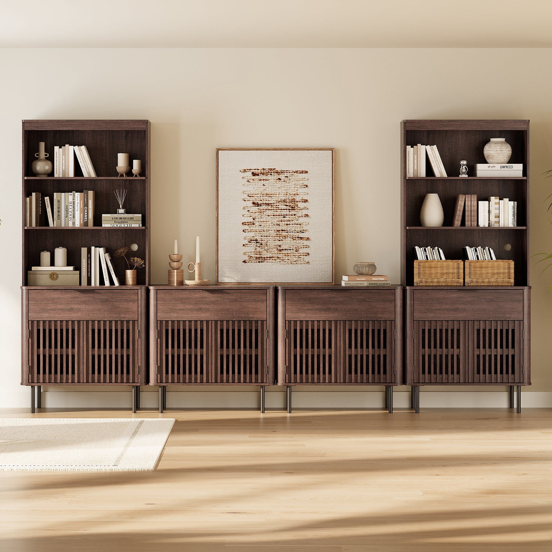 72.8" H X 126" W Kitchen Pantry With Bookcases, Push-to-open Door Kitchen Hutch With Drawer And Adjustable Shelf, Walnut