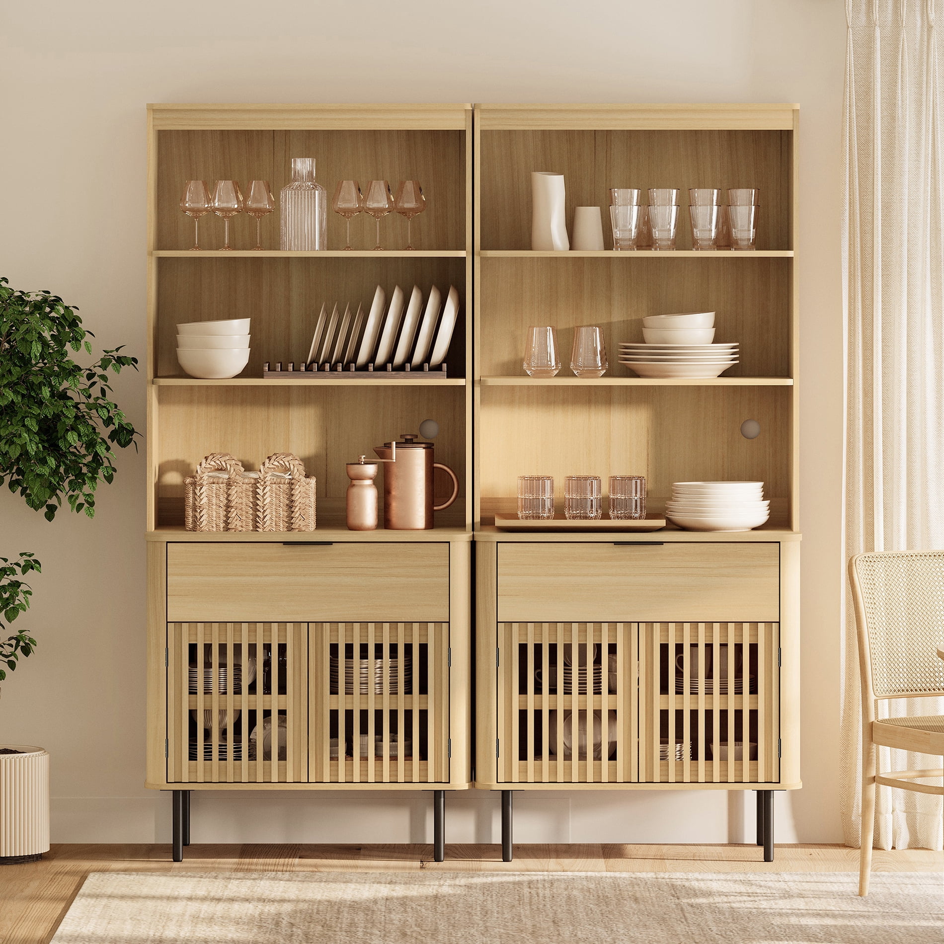 72.8" H X 63" W Kitchen Pantry Storage Cabinet, Push-to-open Door Kitchen Hutch With Drawer And Adjustable Shelf, Oak