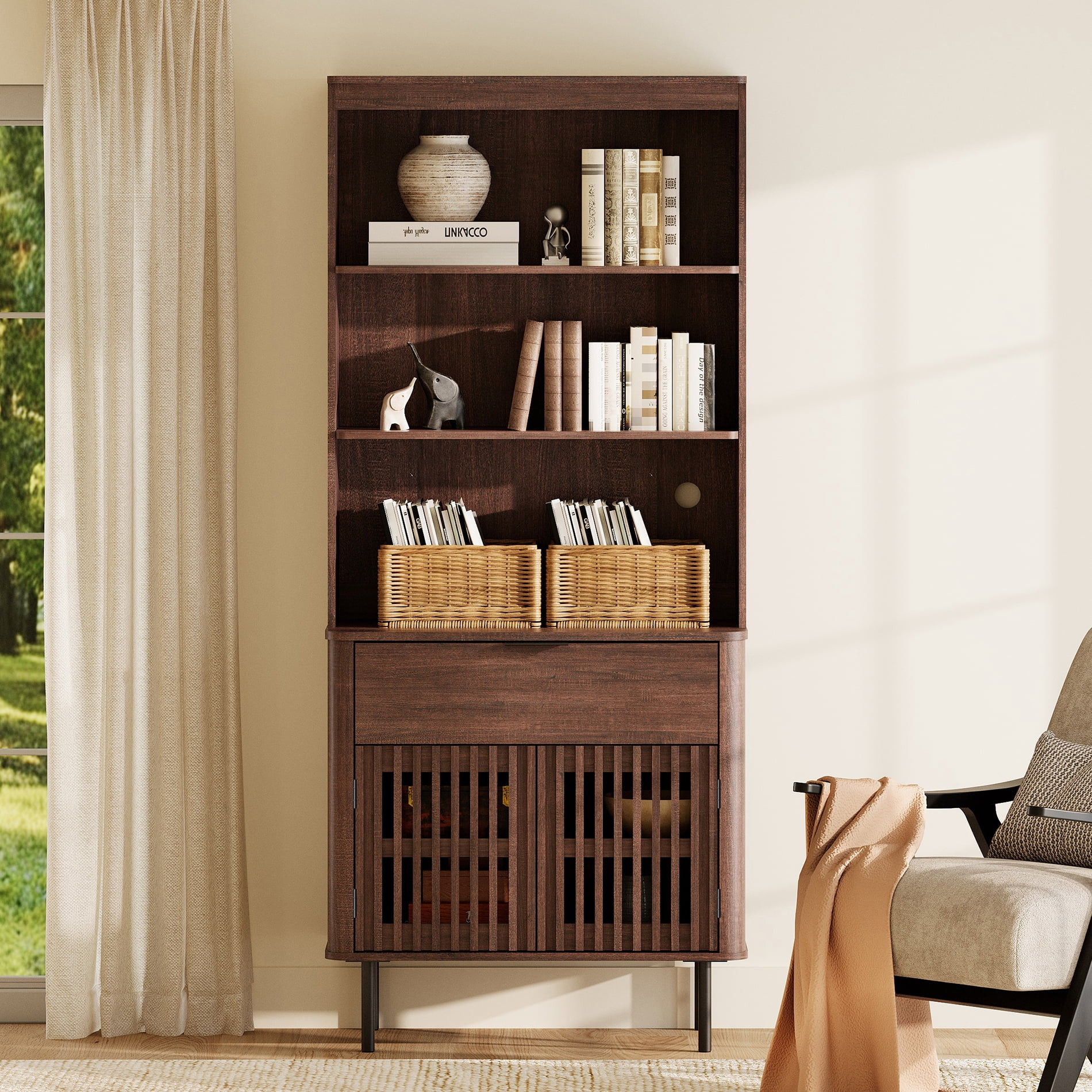 72.8 Inch Tall Bookshelf with Storage Cabinet, 3 Tier Bookcase with Drawer & Adjustable Shelf, Walnut