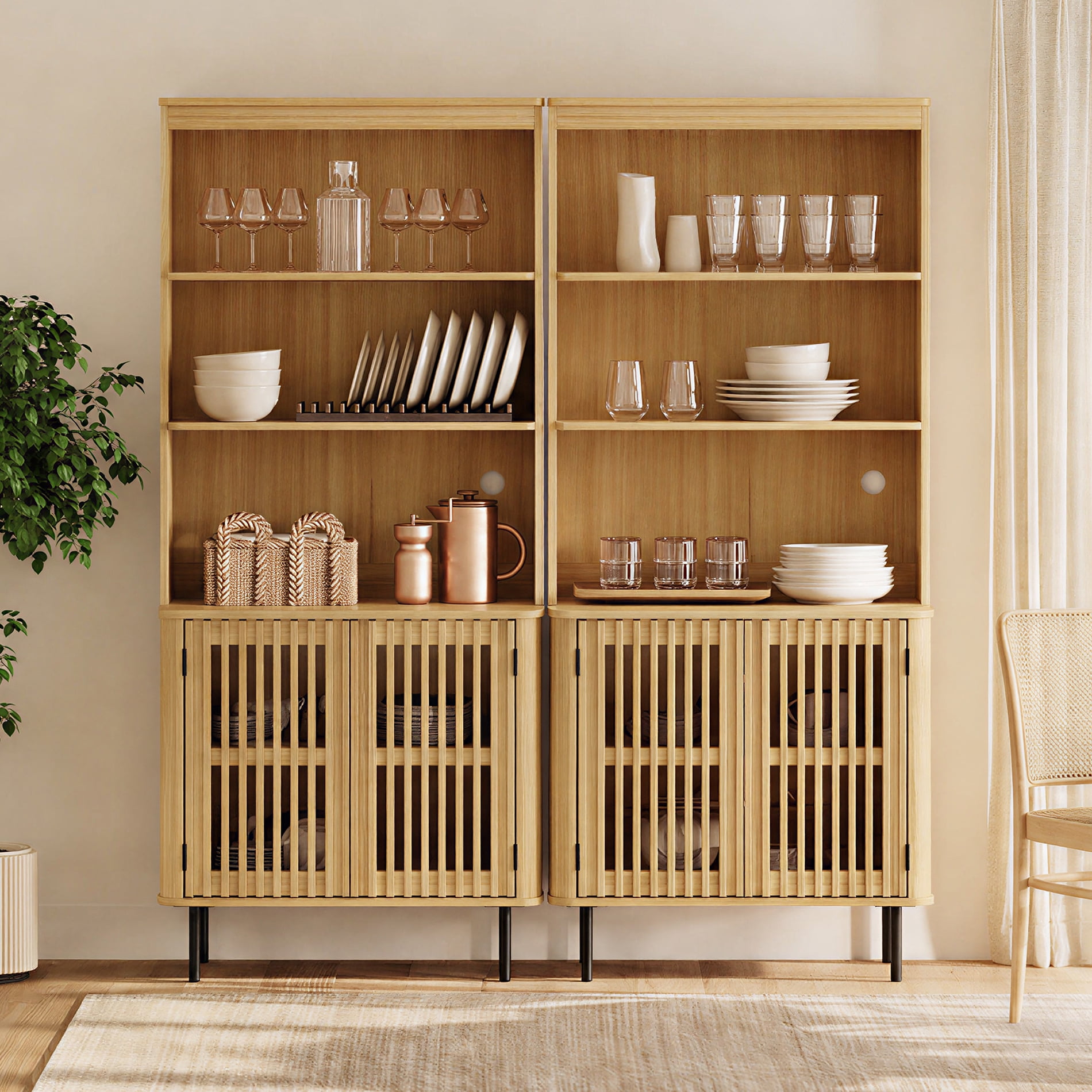 72.8" Tall Bookshelf with Doors - 6 Tiers Large Modern Bookcase with Adjustable Shelves, Oak