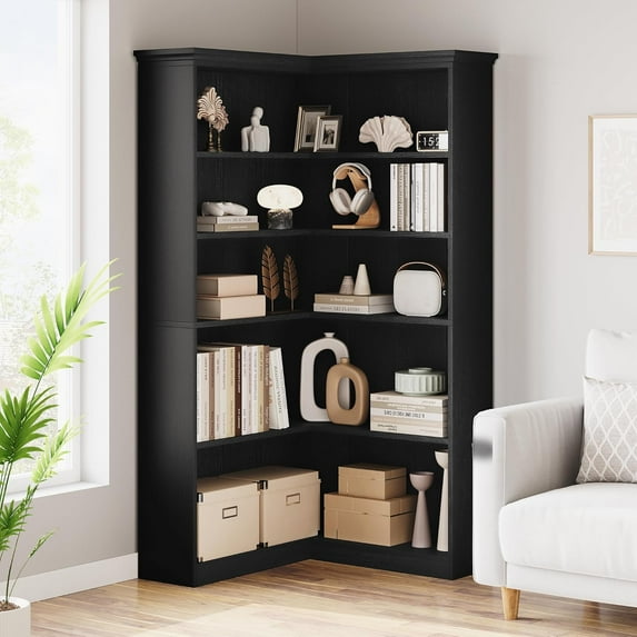 72.8” Tall Corner Bookshelf, 5-Tier Bookshelf and Bookcase with Open Storage, l Shaped Tall Bookcases Wooden Storage Shelves for Home Office, Thickened Boards