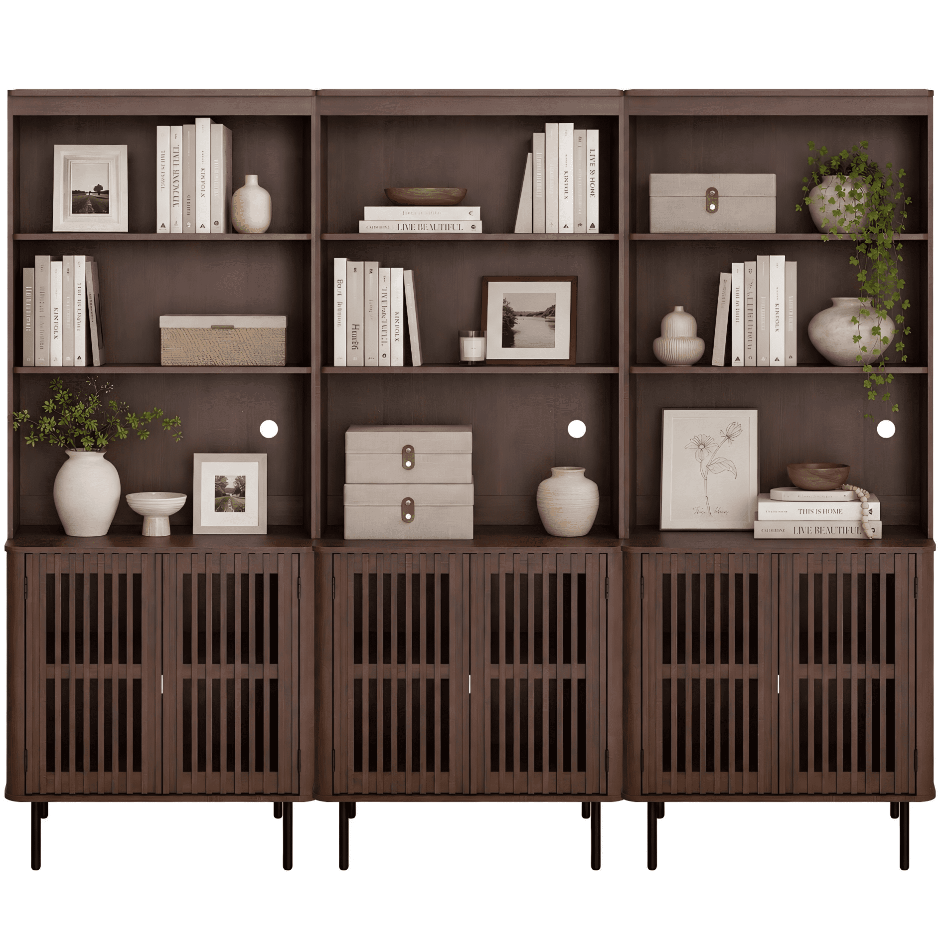 72.8" Tall Kitchen Pantry Storage Cabinet with Doors, Fluted Design, Adjustable Shelf/Cable Management/Metal Legs, Coffee Bar Cabinet for Dining Room, Walnut, 3 PCS