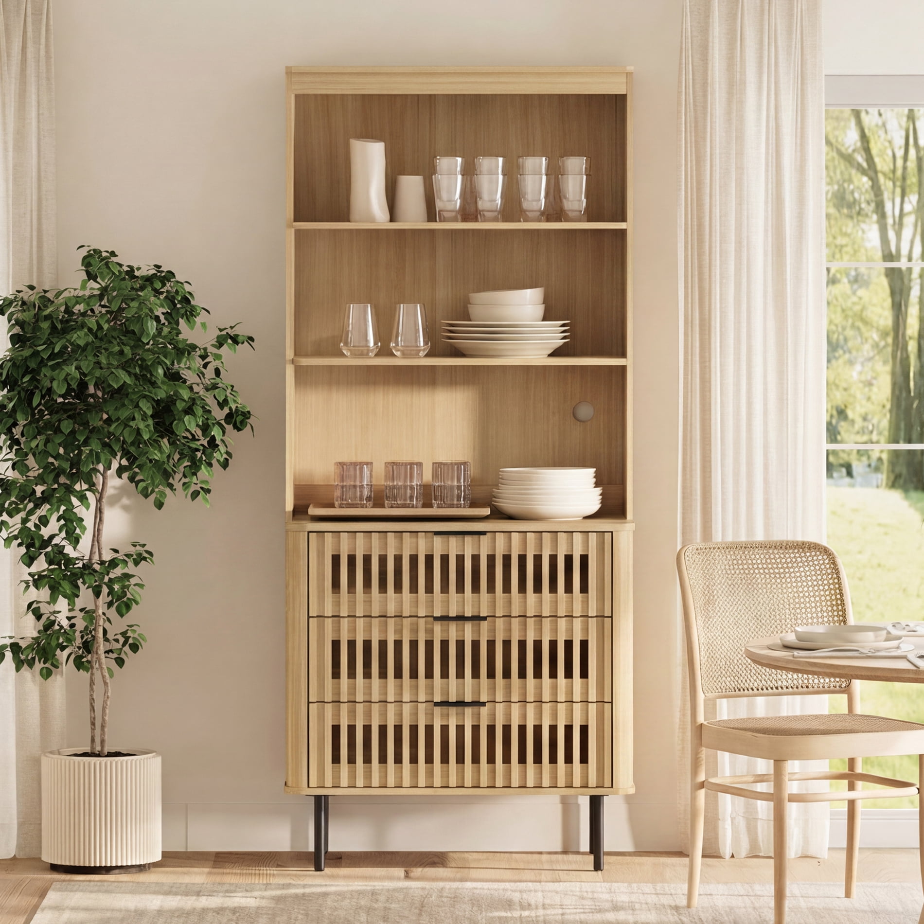 72.8" Tall Kitchen Pantry Storage Cabinet with Large Drawers, Modern Fluted Kitchen Cabinet, Adjustable Shelf, Cable Management, 3 Tier Freestanding Cupboard for Dinning Room, Oak