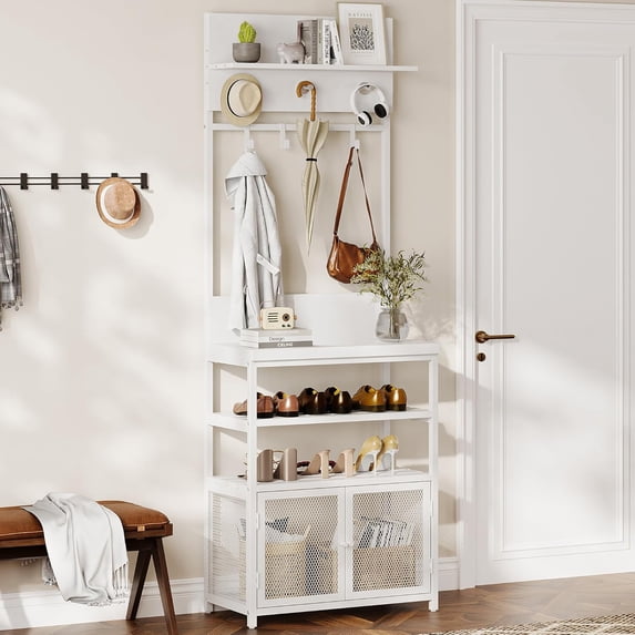 72.8" White Narrow Coat Rack with Shoe Storage, 7 Hooks, Hall Tree with Doors, Compact Organizer for Entryway, Bedroom, Mudroom