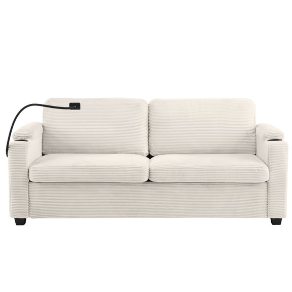 72.8 inches Corduroy Sleeper Sofa Loveseat Sofa with Full Size Mattress, Two USB Ports, Two Cup Holders, Two Side Pockets and a Phone Holder for Living Room, Beige