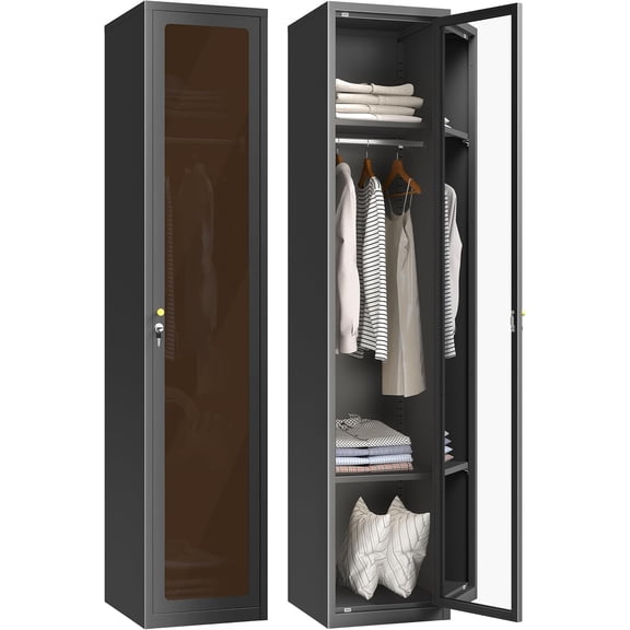 72.83" H Metal Locker 0rganizer for Employees with Lock, Amber Glass Door Cabinet with Mirror,Lockable Lifetime Locker for Home, Office, Gym, School, Garage,Black (Single Door, Black)
