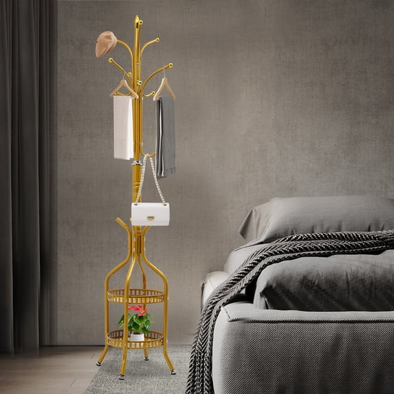 72.8in Coat Rack Freestanding 12 Hooks Coat Tree with Umbrella Holder Metal Modern Coat Hanger Stand for Entryway, Purse Rack Hat Rack Stand for Living Room Bedroom Office (Golden)