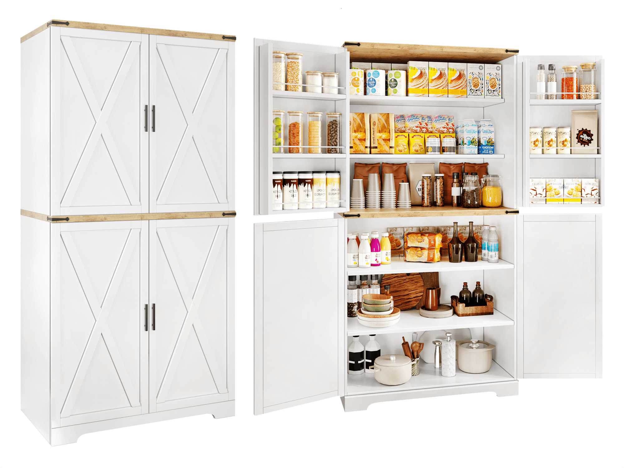 72.8'' Tall Kitchen Pantry Cabinet with 4 Barn Doors,Wood Storage Cabinet with Adjustable Shelves for Dining Room Living Room, White