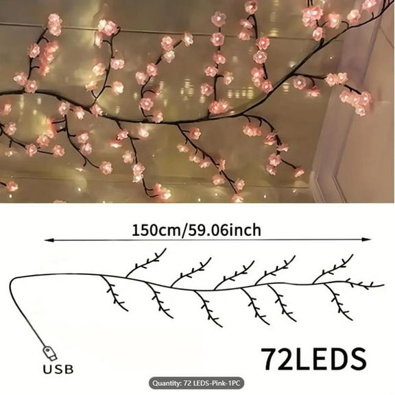 72/96 Led Cherry LED Tree Branch Lights for Wall, Cherry Blossom Willow Vine Twig Decor Garland with Lights and Remote, 8 Lighting Modes, Christmas Decorations Indoor for Home Wall Door Window