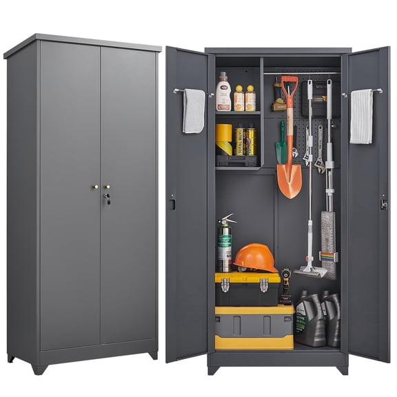73''H  Metal Garage Storage Cabinet, Outdoor Storage Cabinet with Lockable Door and Shelves, Broom Closet, Garden Tool Cabinet, Pegboard & Hanging Rod for, Backyard, Patio(Grey)