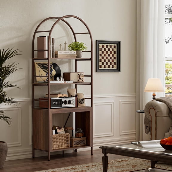 72" Arched Bookshelf, 5-Tier Tall Bookcase with Storage, Mid Century Modern Book Shelf Organizer with Metal Frame, Modular Bookshelves for Living Room Office Library, Brown