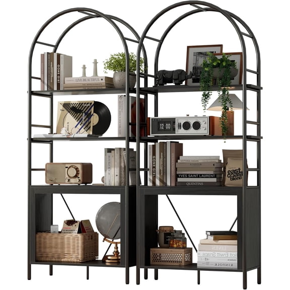 72" Arched Bookshelf, 5-Tier Tall Bookcase with Storage, Mid Century Modern Book Shelf Organizer with Metal Frame, Modular Bookshelves for Living Room Office Library, Black, 2PC