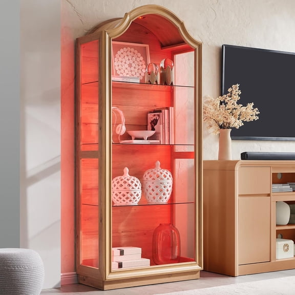 72" Arched Glass Display Cabinet, Modern Curio Cabinet with 20 Color Lights, 4-Tier Display Case Shelf with Brightness/Speed Adjustable for Living Room, Dining Room, Study Room-