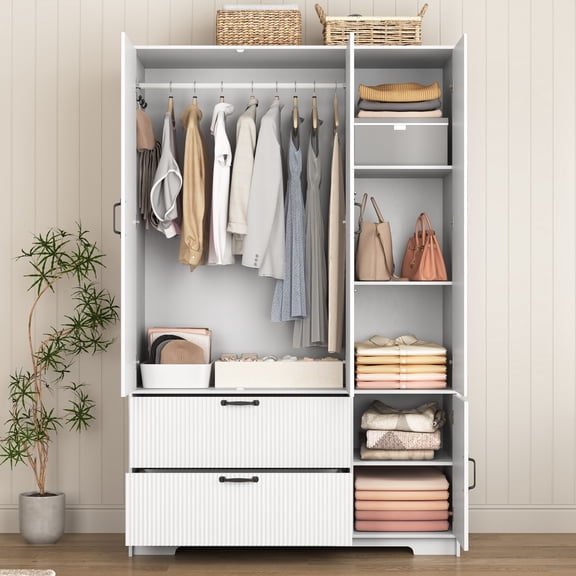 72" Armoire Wardrobe Closet with Mirror,LED Wardrobe with 4 Doors & 2 Drawers,Wooden Wardrobe Storage Cabinet with Hanging Rod,Adjustable Shelves for Bedroom,White