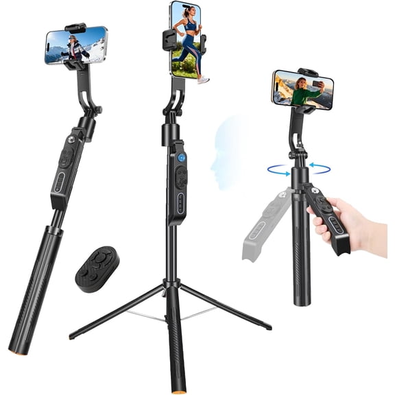 72'' Auto Face Tracking Selfie Stick Tripod Stand, Auto-Open 360 Rotatable Travel Four-Legged Stand for iPhone/Android with Remote, Gesture Control, No App for Vlogging, TK